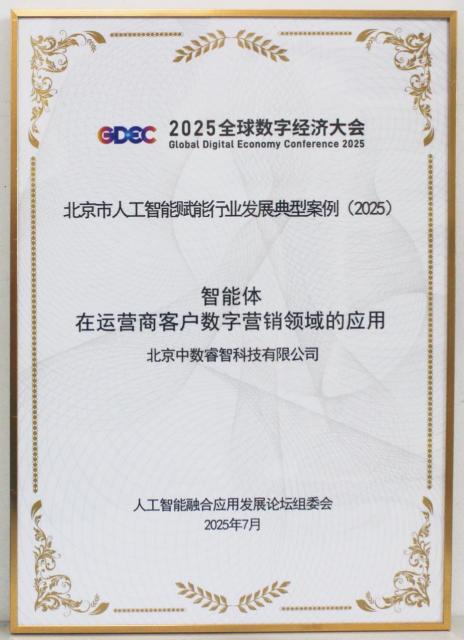 中數(shù)睿智 入選2025北京市人工智能賦能行業(yè)發(fā)展典型案例，引領(lǐng)技術(shù)推廣服務(wù)新范式